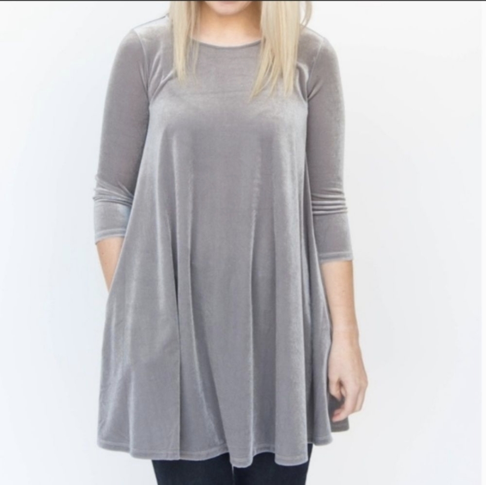 Silver Chrome Velvet 3/4 Sleeve Pockets Swing Tunic Dress Agnes & Dora